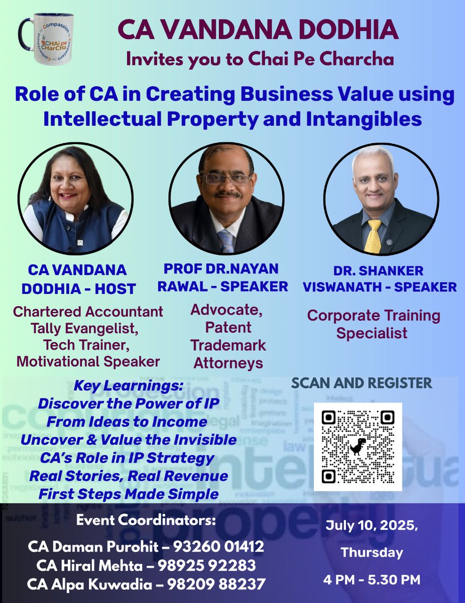 vandu_ca's tweet photo. Happy Guru Purnima 
☕Gentle Reminder☕
Chai Pe Charcha with CA Vandana Dodhia goes live today at 4:00 PM!
Role of Chartered Accountants in Creating Business Value Using Intellectual Property &amp; Intangibles
🎤 With expert insights from:
 Prof. Dr. Nayan Rawal
Dr. Shanker Viswanath https://t.co/98Yf42WZur