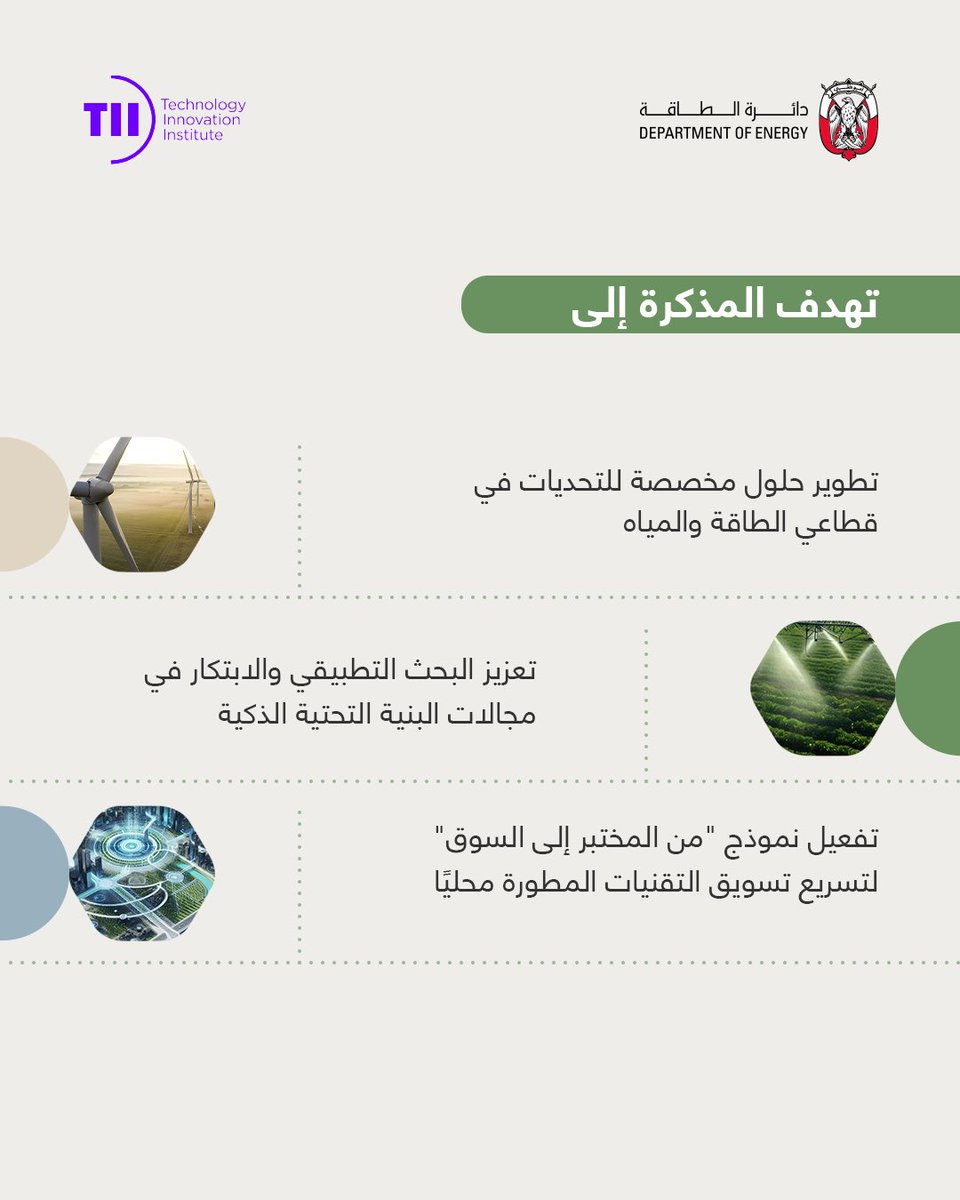 نحو مستقبل أكثر ابتكاراً واستدامة، وقّعنا في دائرة الطاقة -أبوظبي مذكرة تفاهم مع مجلس أبحاث التكنولوجيا المتطورة لتعزيز التعاون في البحث والتطوير وتطبيق التقنيات الحديثة في قطاعي الطاقة والمياه. 

وقع المذكرة كل من المهندس أحمد محمد الرميثي، وكيل دائرة الطاقة - أبوظبي، والدكتورة
