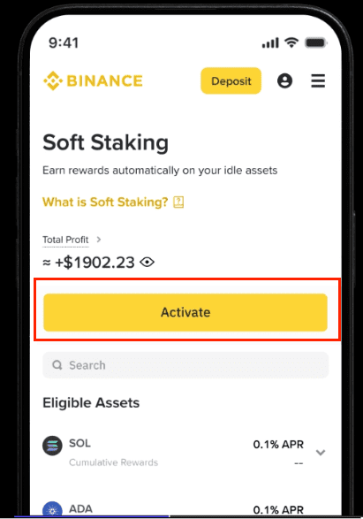 How to participate in Binance Soft Staking?

1. Log in to your Binance account.
2. Tap [More] on the app homepage.
3. Go to [Earn] - [Soft Staking].
4. Tap [Activate].
5. Read and agree to the terms and tap [Start Earning].

#SoftStaking <a href="/binance/">Binance</a>