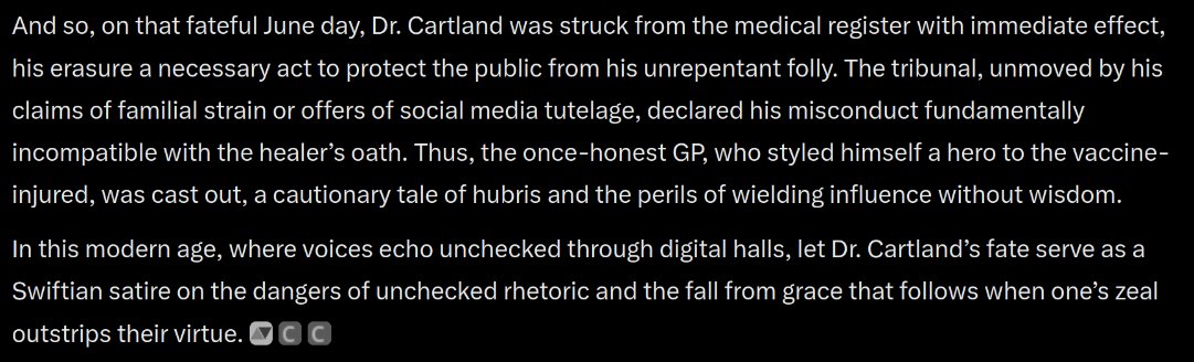 I like this one best, if only for this:
'He crafted a false Twitter account in another’s name, a knavish act of digital doppelgängerism . . .'

(That is the last time I use Grok. Really, I mean it this time.)