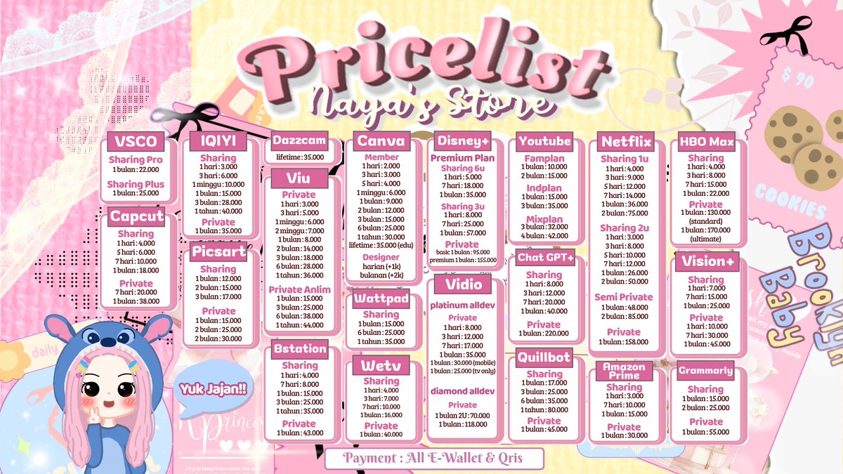 setltings's tweet image. ⭑𓂃 READY WTS WTB JUAL BELI APLIKASI PREMIUM TRUSTED 🍬

NETFLIX CANVA YOUTUBE IQIYI VIDIO PLATINUM VIU WETV CHATGPT DISNEY HOTSTAR CAPCUT WETV AMAZON PRIME HBO MAX PICSART BSTATION QUILLBOT VSCO VISION GRAMMARLY DAZZCAM WATTPAD

#zonauang A26