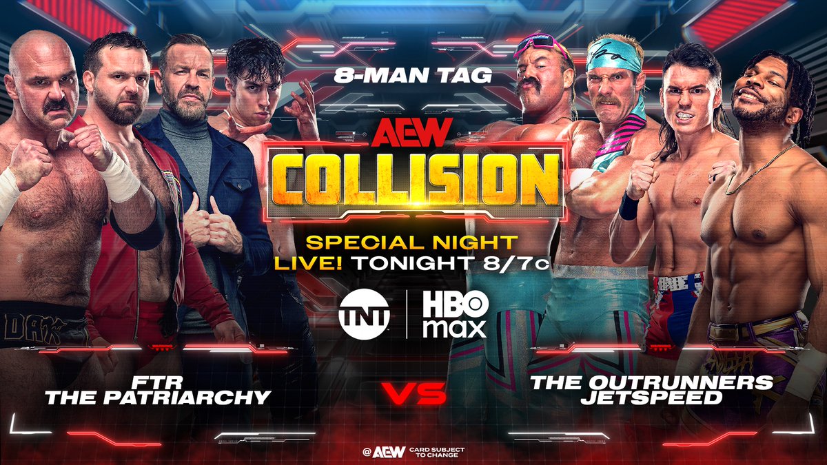 AEW's tweet photo. Following an explosive Dynamite, AEW is back TONIGHT for a huge
Special THURSDAY Night #AEWCollision
8pm ET / 7pm CT on @tntdrama + @SportsonMax, TONIGHT! https://t.co/fb5O9QfD9F