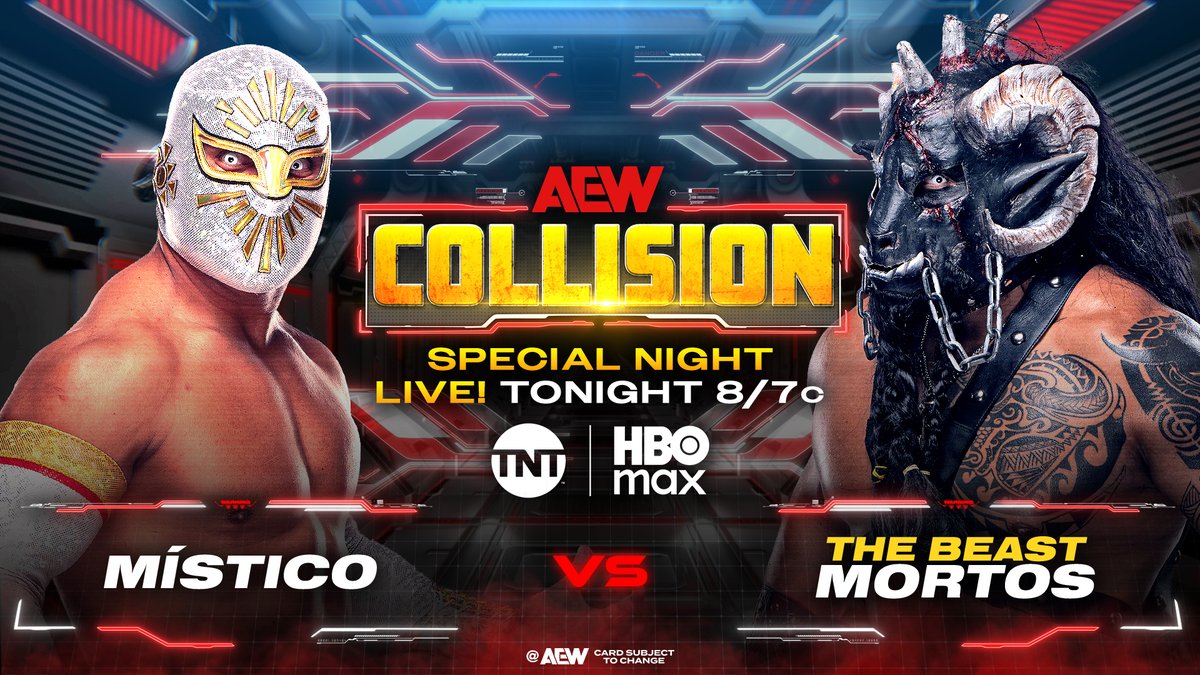 AEW's tweet photo. Following an explosive Dynamite, AEW is back TONIGHT for a huge
Special THURSDAY Night #AEWCollision
8pm ET / 7pm CT on @tntdrama + @SportsonMax, TONIGHT! https://t.co/fb5O9QfD9F