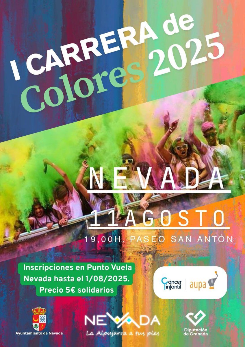 I Carrera Solidaria de Colores a favor de Aúpa! 🌼🏃‍♀️🏃Apúntate ya y disfruta de este evento solidario el próximo día 11 de Agosto a las 19.00h.
Queremos dar las gracias, de parte de todo el equipo y familias de Aúpa, al @ayuntamientodenevada y a la @diputaciondegranada