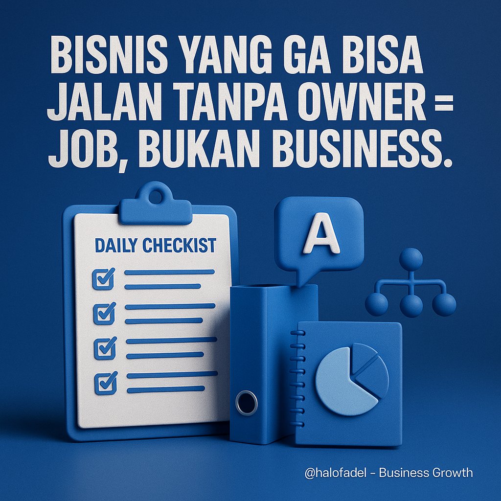 Bisnis yang ga bisa jalan tanpa owner = job,
bukan business.

SOP sederhana yang bikin bisnis autopilot:

1. Daily checklist untuk setiap role
2. Standard response template
3. Decision tree untuk common problems
4. Weekly review protocol
5. Monthly goal setting system
6. Start