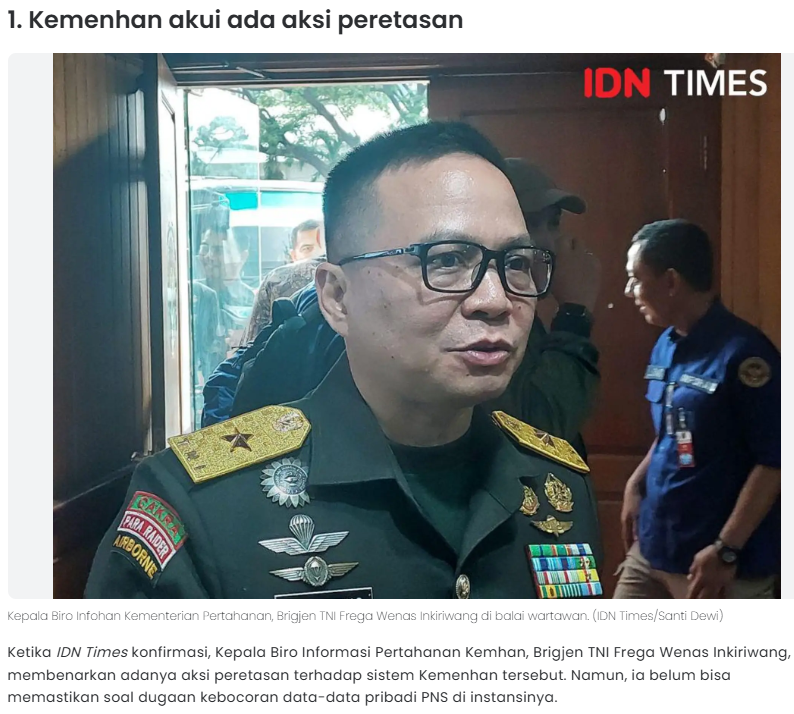 H4ckmanac's tweet photo. 🚨Data Breach Update‼️

🇮🇩Indonesia - Ministry of Defense (Kementerian Pertahanan Republik Indonesia, KEMHAN RI)

The Ministry of Defense admits there was a hacking incident

When contacted by IDN Times, Brigadier General Frega Wenas Inkiriwang, Head of the Defense Ministry's Information Bureau, confirmed the cyberattack on the ministry's system. However, he could not yet confirm whether personal data of civil servants had been leaked.

Source:
https://t.co/5hSJSTsV1K