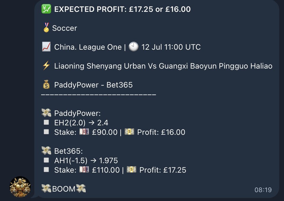 jetsetarbitrage's tweet photo. 💹 EXPECTED PROFIT: £17.25 or £16.00

Soccer

Liaoning Shenyang Urban Vs Guangxi Baoyun Pingguo Haliao

PaddyPower:
▫️ EH2(2.0) → 2.4
▫️ Stake: 💷 £90.00 

Bet365:
▫️ AH1(-1.5) → 1.975
▫️ Stake: 💷 £110.00 

#betting #arbitragebetting #bettingtips #sportsbetting #valuebetting https://t.co/GKO9O4UkOk