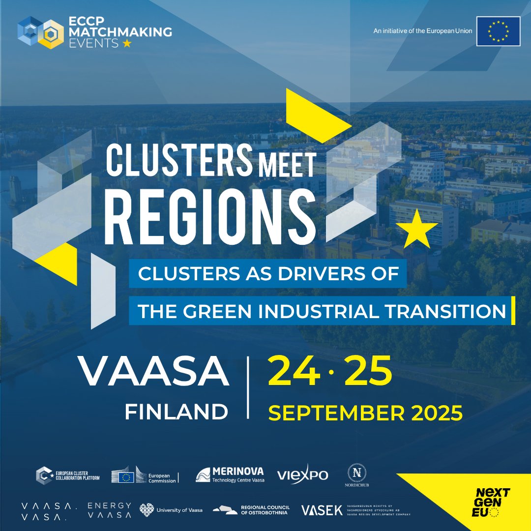 Clusters_EU's tweet image. 🔔Registration Now Open: #ClustersMeetRegions in Vaasa🇫🇮 on 24–25 September!
Themes:
🔹Scaling up clean technologies
🔹Strengthening regional-cluster cooperation
🔹Supporting SMEs & start-ups
🔹Accelerating digital transformation
Secure your spot👉#ECCP: clustercollaboration.eu/content/cluste…
