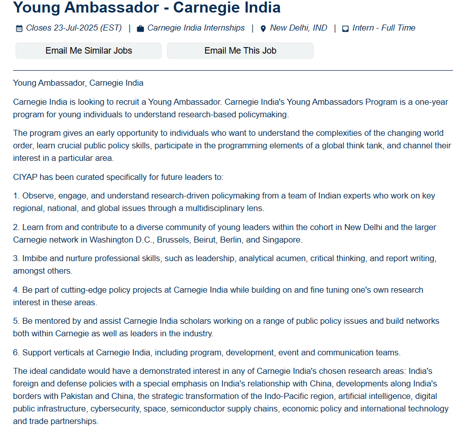 CarnegieIndia's tweet image. 🚨 Now #Hiring: Young Ambassador | Carnegie India
Are you a recent graduate passionate about public policy, international affairs, or emerging technologies?
Join our Young Ambassadors Program, a one-year, full-time opportunity to engage with policy research, contribute to global…