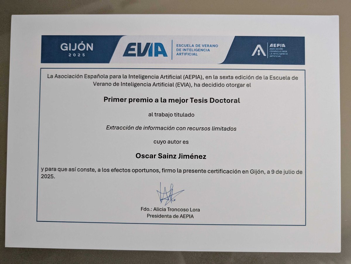 HiTZ zentroa (UPV/EHU) (@hitz_zentroa) on Twitter photo Ayer uno de nuestros investigadores, Oscar Sainz (<a href="/osainz59/">Oscar Sainz</a>), fue galardonado con el premio a la mejor tesis doctoral en Inteligencia Artificial por la Asociación Española para la Inteligencia Artificial (AEPIA). ¡Enhorabuena! 🥳 Ayer uno de nuestros investigadores, Oscar Sainz (<a href="/osainz59/">Oscar Sainz</a>), fue galardonado con el premio a la mejor tesis doctoral en Inteligencia Artificial por la Asociación Española para la Inteligencia Artificial (AEPIA). ¡Enhorabuena! 🥳
