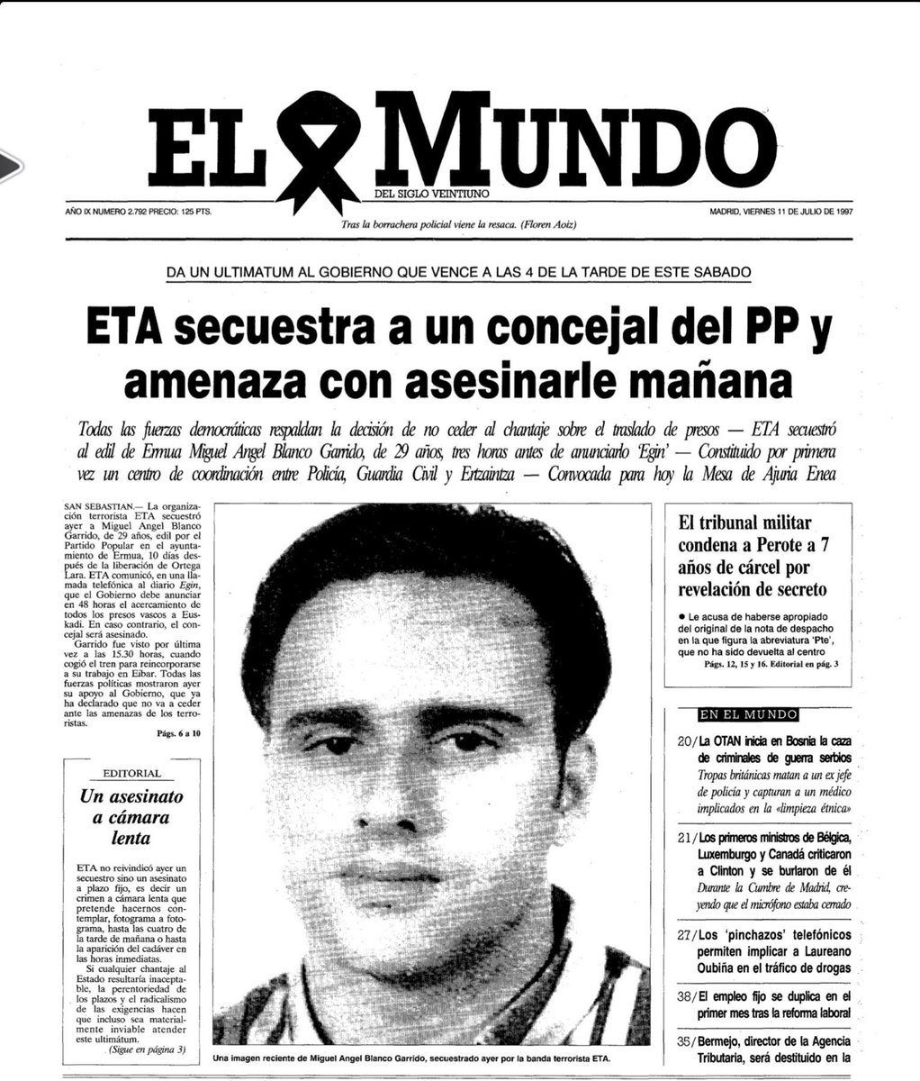 ⚫️⚫️ Hoy se cumplen  28 años del secuestro - y días más tarde vil asesinato- a Miguel Ángel Blanco por la banda terrorista ETA. 

Y Bildu, ahora socio preferente del PSOE, sigue sin condenarlo…