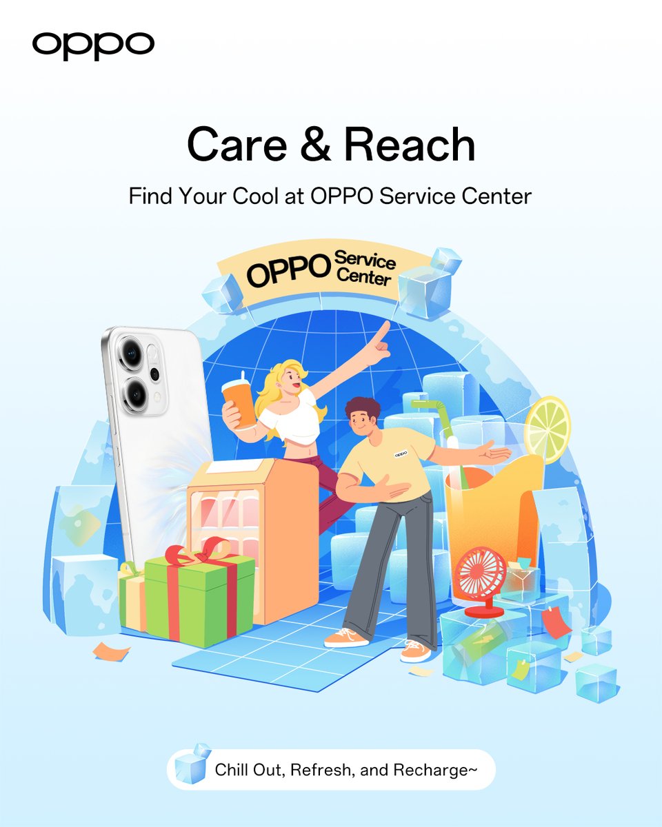 🌞Feel like you are melting in the summer sun? 🥵

❄️Take cover at your nearest OPPO service center!❄️
Chill out, refresh, and recharge with a cold drink, free charging service, free screen protector, free phone cleaning service and  that cooling comfort from our air