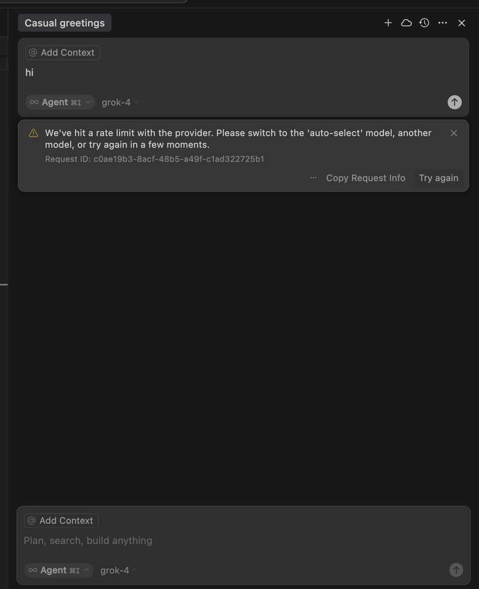 Ankit Raj (@ankit1478) on Twitter photo Tried saying hi to Grok-4 in <a href="/cursor_ai/">Cursor</a>   
👾 Grok-4: "Sorry, I’m rate limited. Try again never."
 Me: bro it was just hi 😭
 Rate limits are the new ghosting.
 <a href="/ericzakariasson/">eric zakariasson</a> Tried saying hi to Grok-4 in <a href="/cursor_ai/">Cursor</a>   
👾 Grok-4: "Sorry, I’m rate limited. Try again never."
 Me: bro it was just hi 😭
 Rate limits are the new ghosting.
 <a href="/ericzakariasson/">eric zakariasson</a>