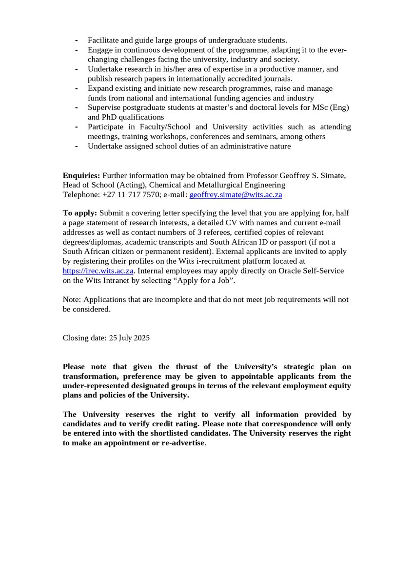 📢 We're Hiring!  The School of Chemical and Metallurgical Engineering is looking for passionate and qualified individuals to join our team as Senior Lecturer/Lecturer in Metallurgy and Materials Engineering.