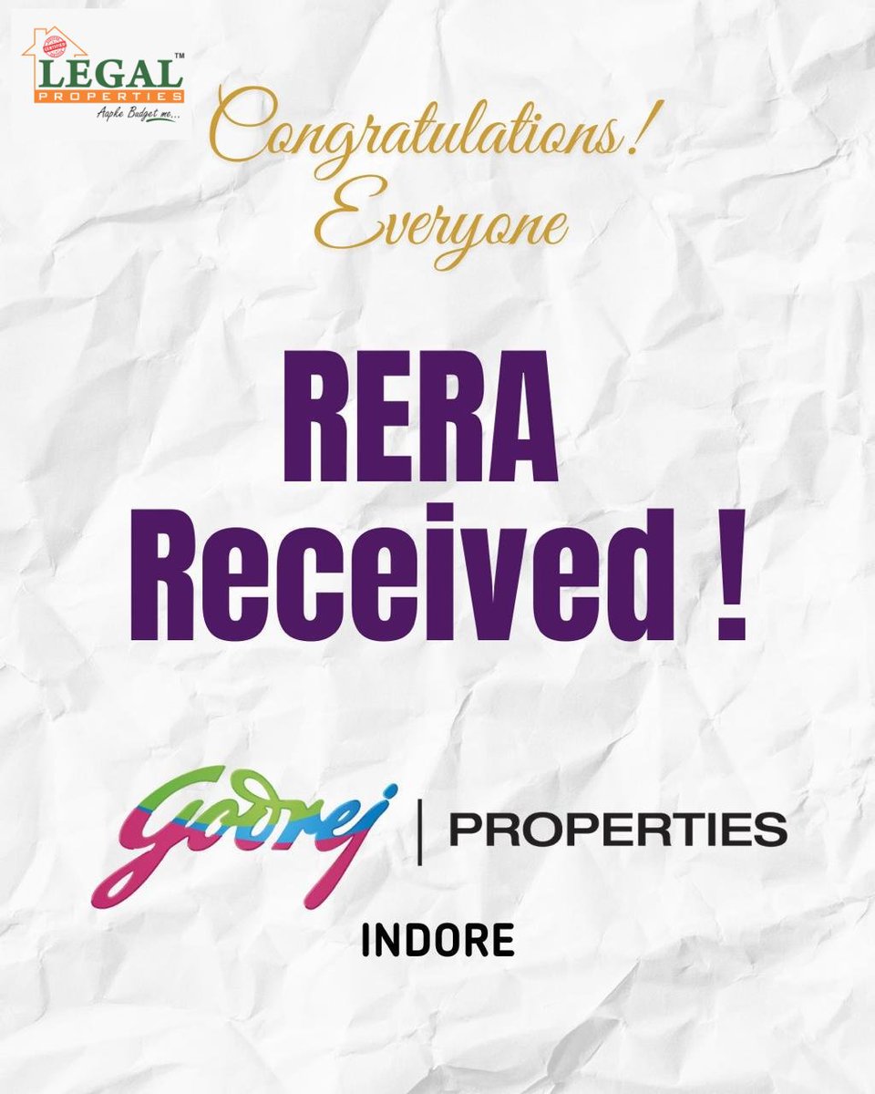 🎉 Big News! Godrej Properties Indore has officially received RERA approval! ✅
Legal Properties proudly brings you trusted, transparent, and secure investment opportunities.
Book your dream plot today with confidence! 🏡

#RERAApproved #GodrejProperties #LegalProperties