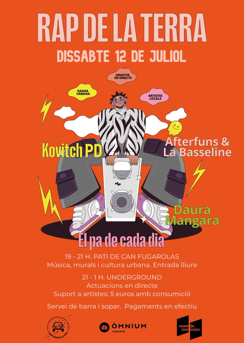 omniummaresme's tweet image. 🎤 Aquest dissabte 12 de juliol, el rap en català és protagonista a Can Fugarolas!

Pati: música, dansa urbana igrafitis al pati (1-21 h)

Underground: Música en directe amb El pa de cada dia, Afterfuns &amp;amp; La Basseline i Daura Mangara. PD final amb Kovitch (21 - 1 h)