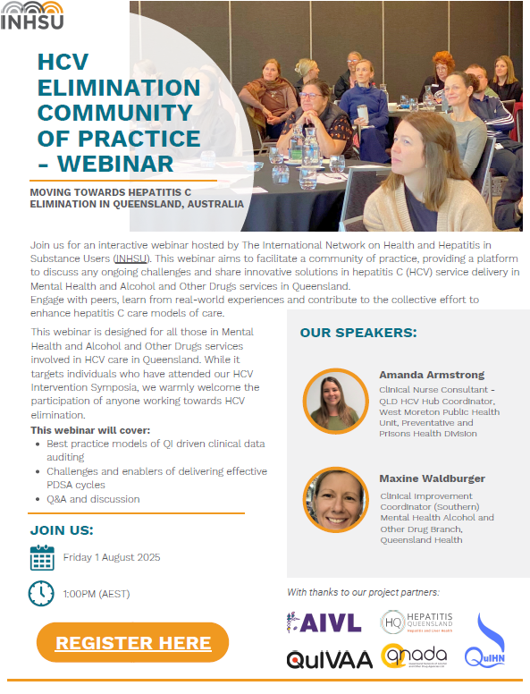 INHepSU's tweet image. 📢 New HCV Community of Practice Webinar 📢
Join us Friday 1 August & explore best practice in HCV service delivery within mental health and AOD settings. While focused on Queensland, Australia, the session is open to anyone interested in shared learning: us06web.zoom.us/meeting/regist…