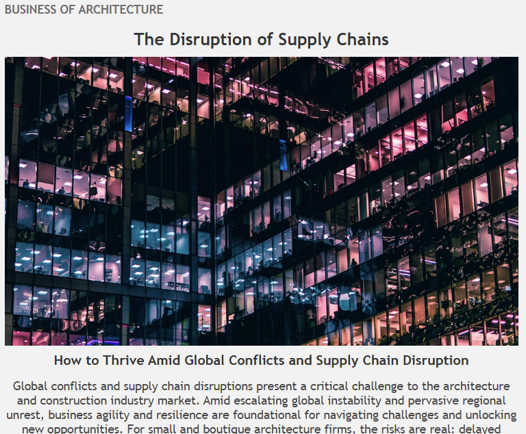 This week's newsletter focuses on the effect of global conflict and supply chain disruptions. 
It also features a peak Inside Oliver Wyman’s Doha Office - A New York Loft Aesthetic, by Clements Interiors Qatar office.
read more...
lnkd.in/grHjK8er
#architects #architecture