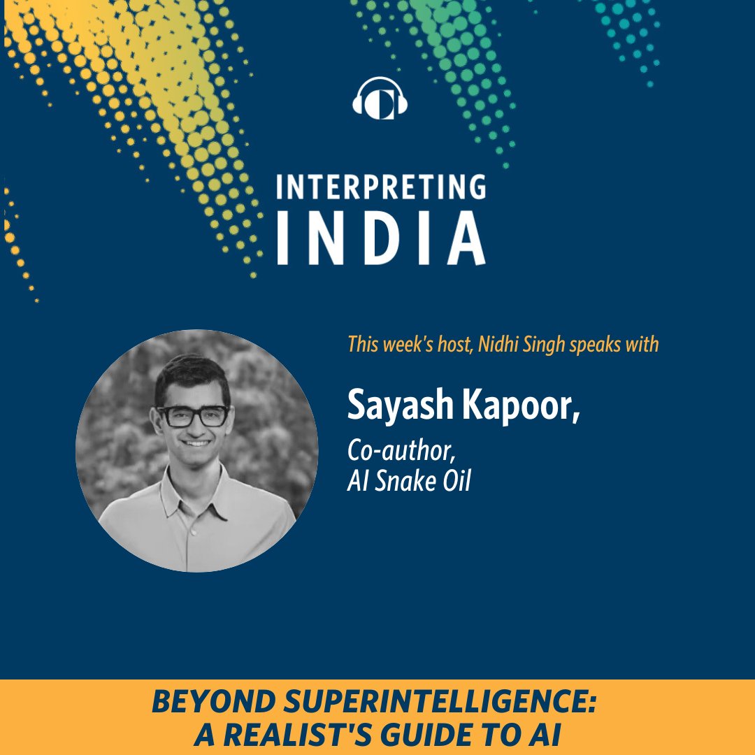 CarnegieIndia's tweet image. 🎙️ New #InterpretingIndia episode!
@NidhiSinghLive joins @sayashk to explore the hype, hope, and hazards of artificial intelligence. From flawed predictions to grounded policymaking, Kapoor makes the case for treating #AI as “normal technology.”
Tune in: carnegieindia.org/podcasts/inter…