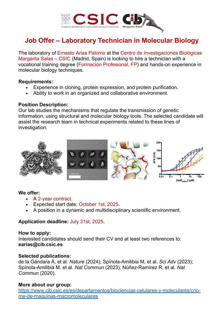 Ernesto Arias-Palomo (@eariaspalomo) on Twitter photo 📢 We’re hiring! Looking for a lab technician (FP level) with experience in cloning, protein expression & purification.
🧬 Join our structural & molecular biology lab <a href="/CIB_CSIC/">CIB Margarita Salas (CSIC)</a>
🗓️ 2-year contract, starts Oct 2025
📩 Apply by July 31 👇 📢 We’re hiring! Looking for a lab technician (FP level) with experience in cloning, protein expression & purification.
🧬 Join our structural & molecular biology lab <a href="/CIB_CSIC/">CIB Margarita Salas (CSIC)</a>
🗓️ 2-year contract, starts Oct 2025
📩 Apply by July 31 👇