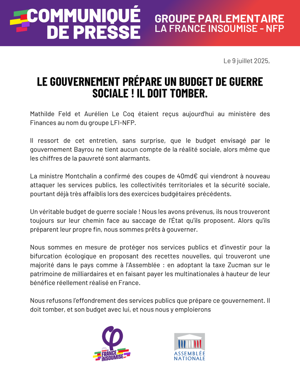 🔴📄 Nous refusons l’effondrement des services publics que prépare ce gouvernement. Il doit tomber, et son budget avec lui, et nous nous y emploierons ⤵️