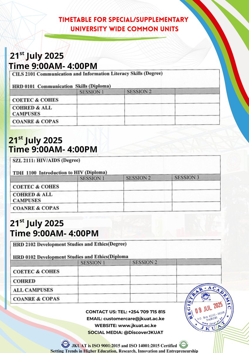 Discover JKUAT (@discoverjkuat) on Twitter photo πππππππππ; πππ ππππππππ
This is to inform all the students expected to sit for Special/Supplementary examinations for the University wide common units' that they are scheduled on Monday, 21st July, 2025 from 9.00 a.m. to 4.00 p.m.
See the timetable below. ^MN πππππππππ; πππ ππππππππ
This is to inform all the students expected to sit for Special/Supplementary examinations for the University wide common units' that they are scheduled on Monday, 21st July, 2025 from 9.00 a.m. to 4.00 p.m.
See the timetable below. ^MN