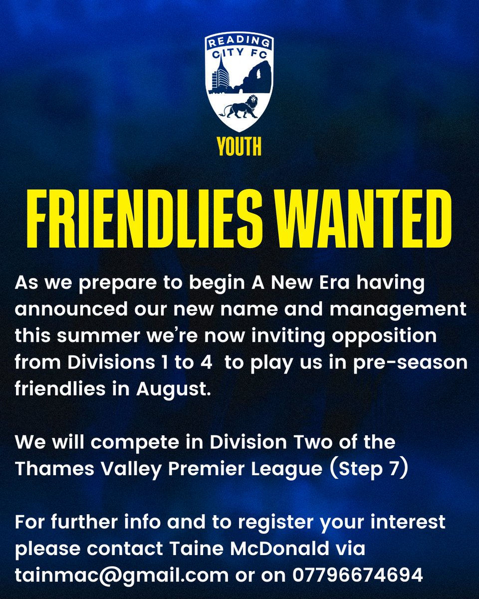 Reading City Cityzens (@rcfccityzens) on Twitter photo Help us prepare for #ANewEra! We're now inviting club's to play us in pre-season friendlies throughout August
The 2025/26 season will see us compete in Division Two of the <a href="/ThamesValleyPL/">Thames Valley PL</a>
For further info or to register your interest please contact Taine.
#ThePrideOfReading๐ฆ Help us prepare for #ANewEra! We're now inviting club's to play us in pre-season friendlies throughout August
The 2025/26 season will see us compete in Division Two of the <a href="/ThamesValleyPL/">Thames Valley PL</a>
For further info or to register your interest please contact Taine.
#ThePrideOfReading๐ฆ