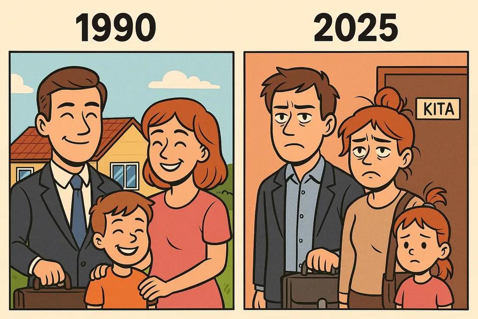 Finanzee_de's tweet photo. 1990: Papa arbeitete, Mama war zu Hause, das Haus war abbezahlt.

2025: Beide arbeiten Vollzeit, wohnen zur Miete – und hoffen, dass die Kita nicht streikt https://t.co/UB677MG8x6