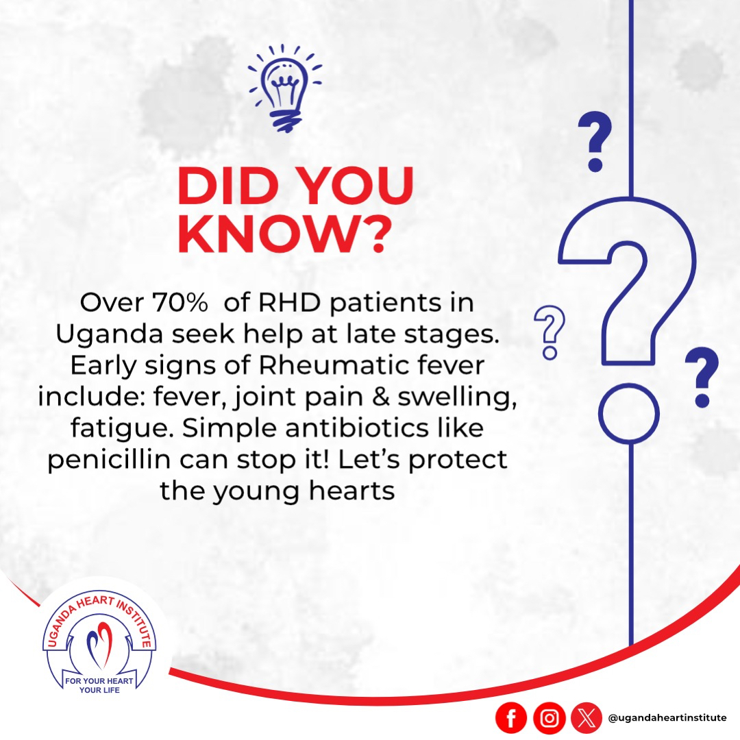 Uganda Heart Institute (@heartuganda) on Twitter photo Over 70% of RHD patients in Uganda seek treatment at advanced stages. Early intervention with antibiotics like penicillin can prevent progression. 
#RHD #HeartHealth Over 70% of RHD patients in Uganda seek treatment at advanced stages. Early intervention with antibiotics like penicillin can prevent progression. 
#RHD #HeartHealth