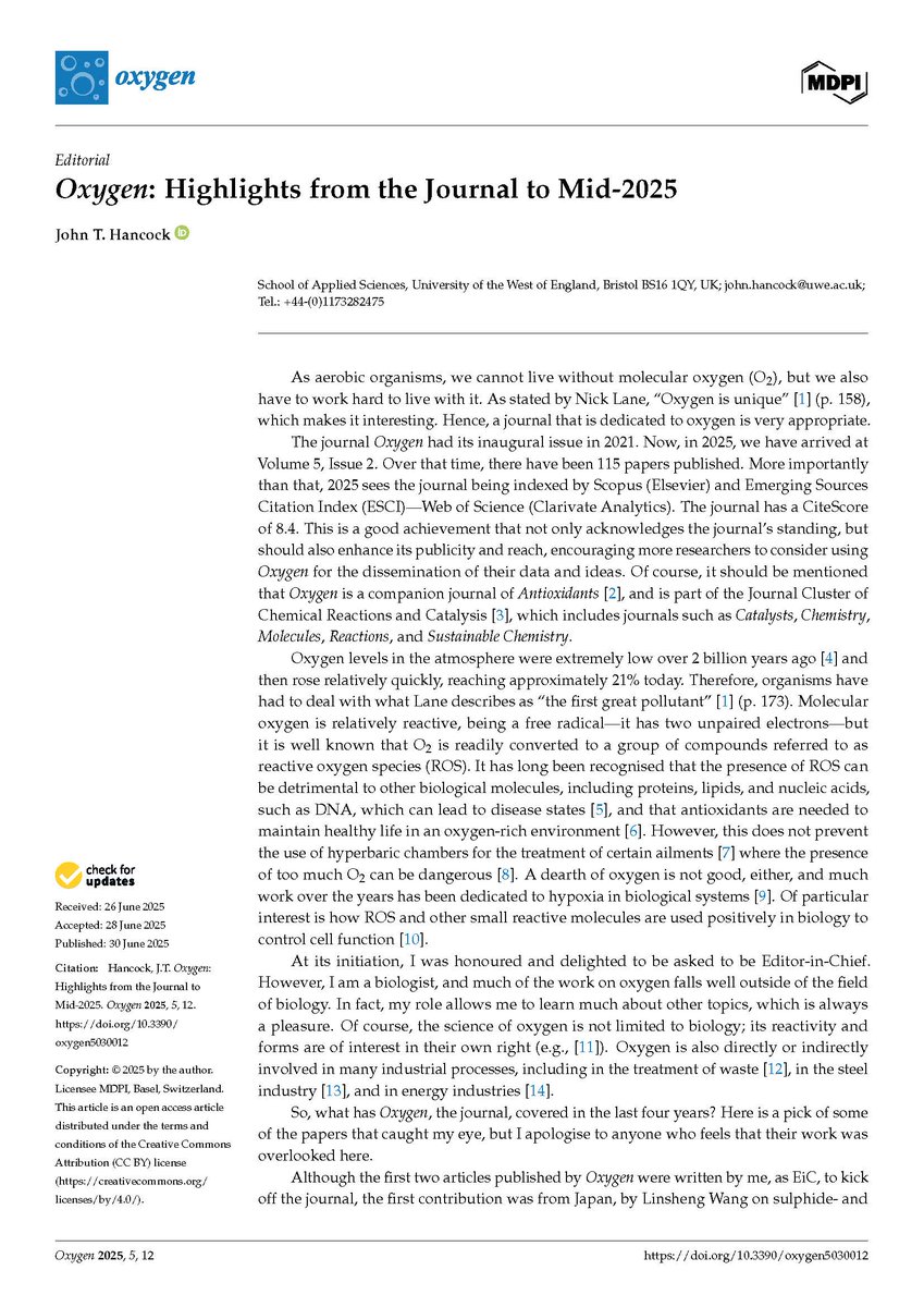 UWE_SoAS's tweet image. As Editor-in Chief of Oxygen, John Hancock recently published a journal editorial:
Hancock, J.T. Oxygen: Highlights from the Journal to Mid-2025. Oxygen 2025, 5, 12.
doi.org/10.3390/oxygen…