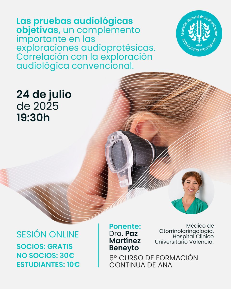 🧠 ¿Quieres mejorar la precisión de tus exploraciones audioprotésicas?

El 24/7 a las 19:30h, formación online con la Dra. Paz Martínez Beneyto sobre pruebas objetivas y diagnóstico audiológico 🎟️ Inscríbete: lnkd.in/dhDUTCBH

#Audiología #ANA #SaludAuditiva