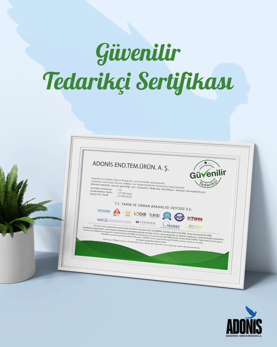 Güvenilir Tedarikçi Sertifikası, ürün ve hizmet kalitemizin Tarım ve Orman Bakanlığı destekli bağımsız kuruluşlarca denetlendiğini ve müşterilerimize şeffaf, güvenilir hizmet sunduğumuzu belgeliyor.