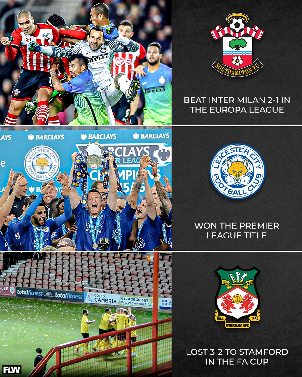 Back in 2016:

- Southampton were beating Inter Milan in the Europa League

- Leicester City were winning the PL title

- Wrexham were losing to 8th tier Stamford in the FA Cup

Next season, they'll all face each other in the Championship 🔜

9 years is a long time in football 😅