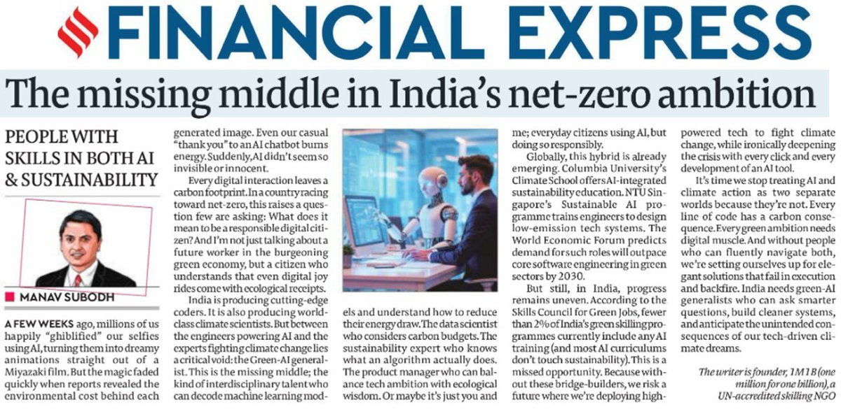 1M1B (@activate1m1b) on Twitter photo Who fills the missing middle in India’s #NetZero ambition?
We talk #AI & #climate, but not the space in between.
Every click has a footprint, but few know how to trace it.
In <a href="/FinancialXpress/">Financial Express</a>, 1M1B's founder Manav Subodh highlights the urgent need to connect AI + Sustainability Who fills the missing middle in India’s #NetZero ambition?
We talk #AI & #climate, but not the space in between.
Every click has a footprint, but few know how to trace it.
In <a href="/FinancialXpress/">Financial Express</a>, 1M1B's founder Manav Subodh highlights the urgent need to connect AI + Sustainability