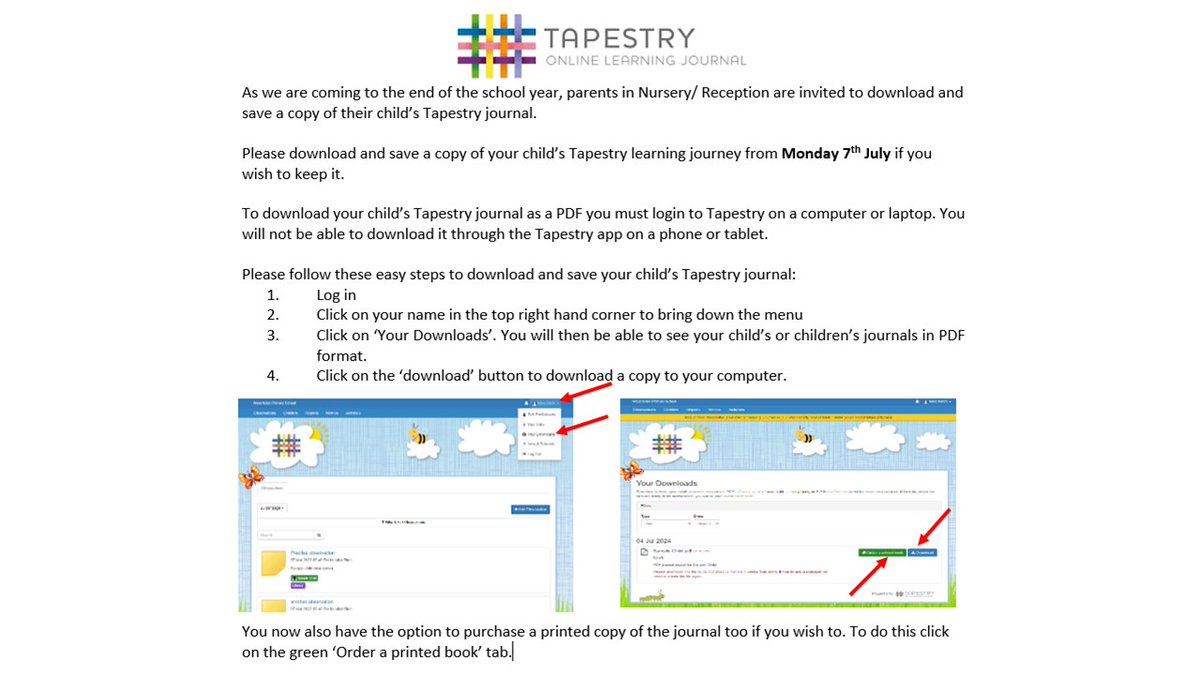 Reception parents, don't forget to download and save a copy of your child's Tapestry journal before the end of term!