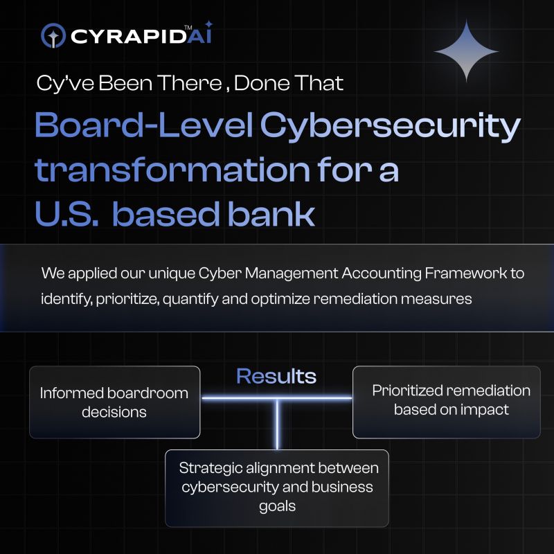CYRAPID_GenAI's tweet image. At #CYRAPIDAI, we supported a U.S.-based bank in achieving board-level #cybersecurity transformation.

Using our Cyber Management Accounting Framework, we helped align cybersecurity with business impact, enabling informed decisions, prioritized actions, and measurable outcomes.