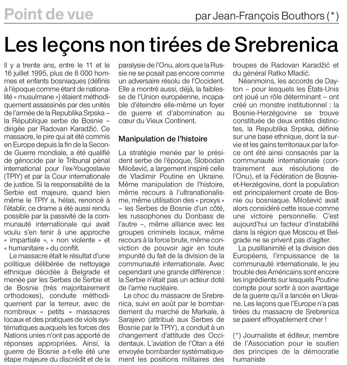 30 ans après Srebrenica, l’Europe n’a toujours pas tiré les leçons de ce génocide. Inaction, divisions, impunité : les mêmes mécanismes se rejouent en Ukraine. L’histoire bégaie quand la mémoire faiblit. #Srebrenica #Ukraine #Europe #Mémoire ⁦<a href="/OuestFrance/">Ouest-France</a>⁩