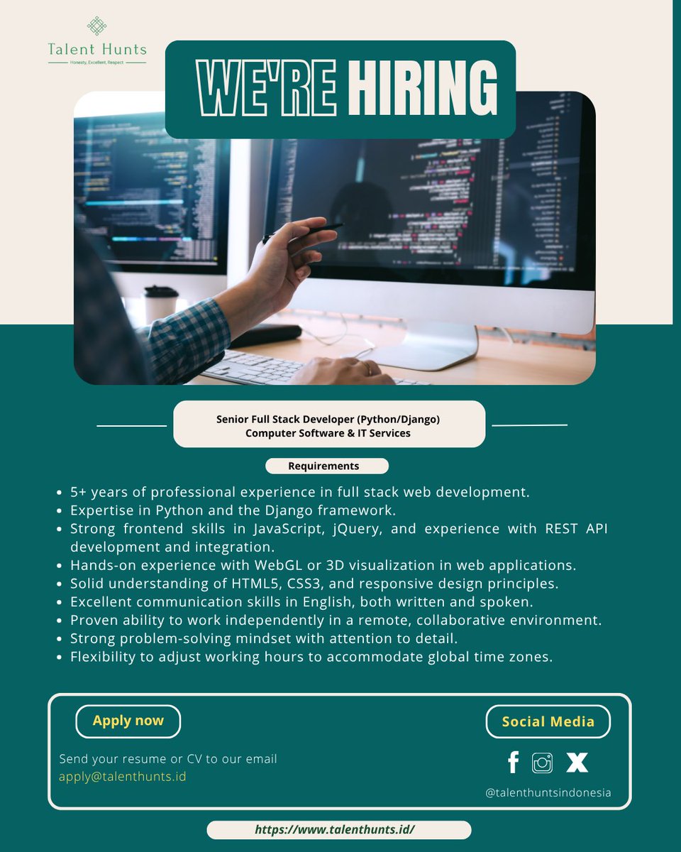 TalentHunts's tweet image. Senior Full Stack Developer (Python/Django) – Remote
🌐 Work Mode: Remote | Full-Time
💼 Industry: Computer Software &amp;amp; IT Services

📩 Apply now: Send your CV to riza@talenthunts.id
🌐 More info: talenthunts.id/job/senior_ful… 

#SeniorFullStackDeveloper #TalentHuntsIndonesia