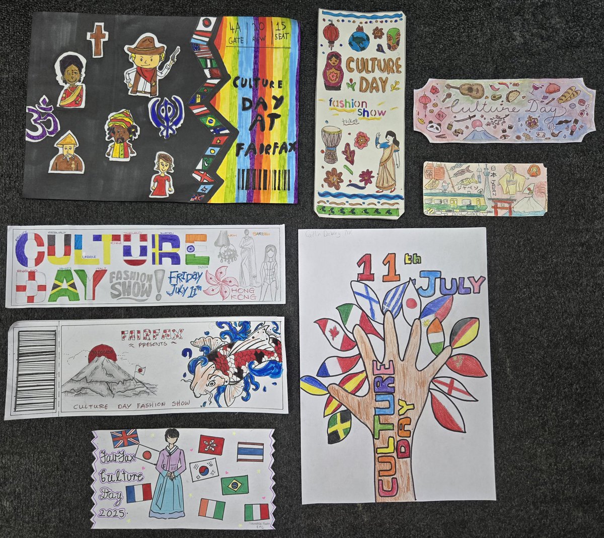 Here are just a few of the amazing ticket designs our students have created for the upcoming Culture Day Fashion Show this Friday 11th July 🌍✨#CultureDay #StudentCreativity #FashionShow #WeAreFairfax