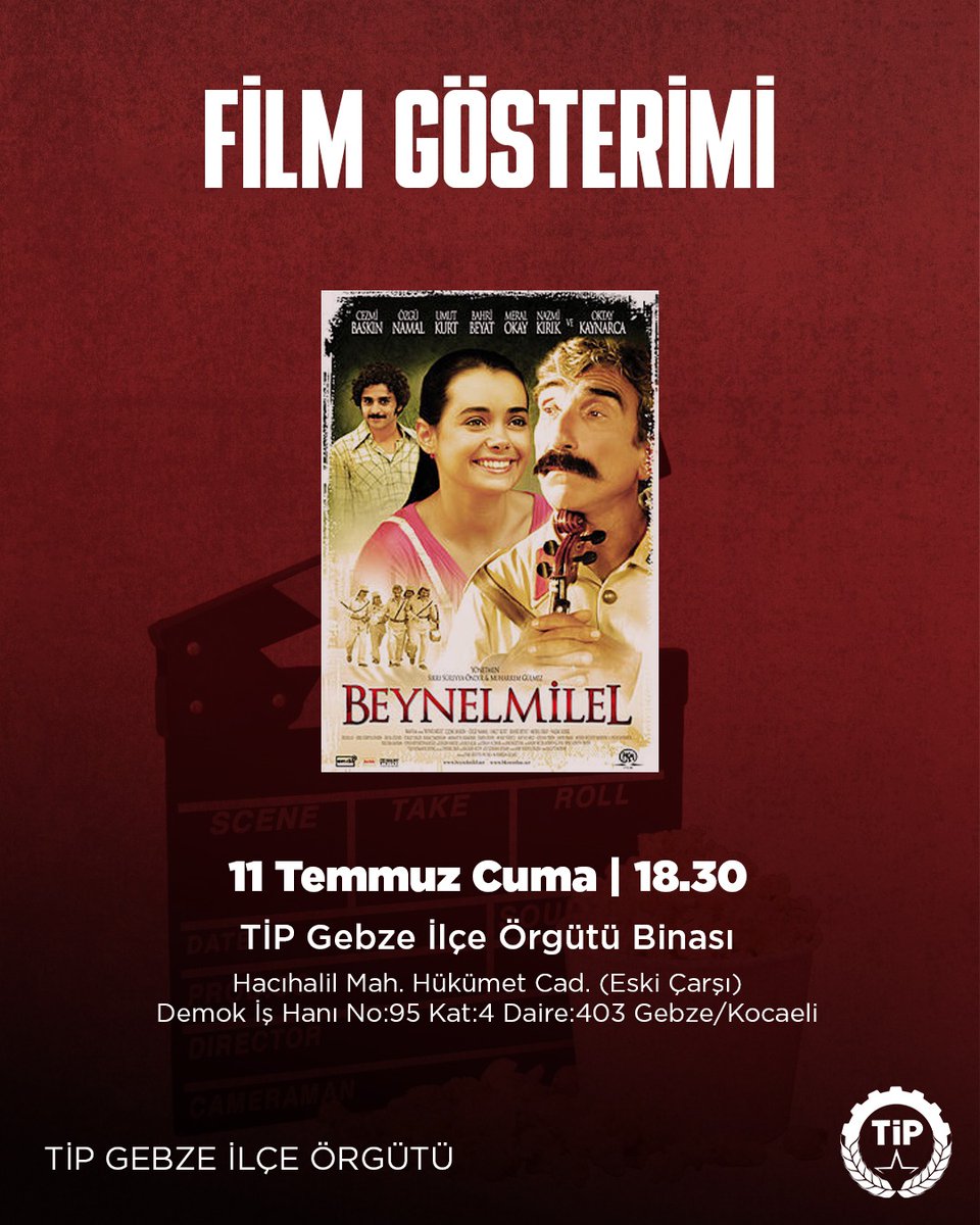 Film Gösterimi: Beynelmilel

💬 “Susturulmak istenen ezgiler, en çok da halkın kalbinde yankılanır.”
Bizler de ezgilerimizi, sözümüzü, umudumuzu birlikte çoğaltmak için film gösterimimizde buluşuyoruz.

Katılım tüm Gebzeli halkımıza açıktır.

🗓️ 11 Temmuz Cuma
🕡 18.30
📍 TİP