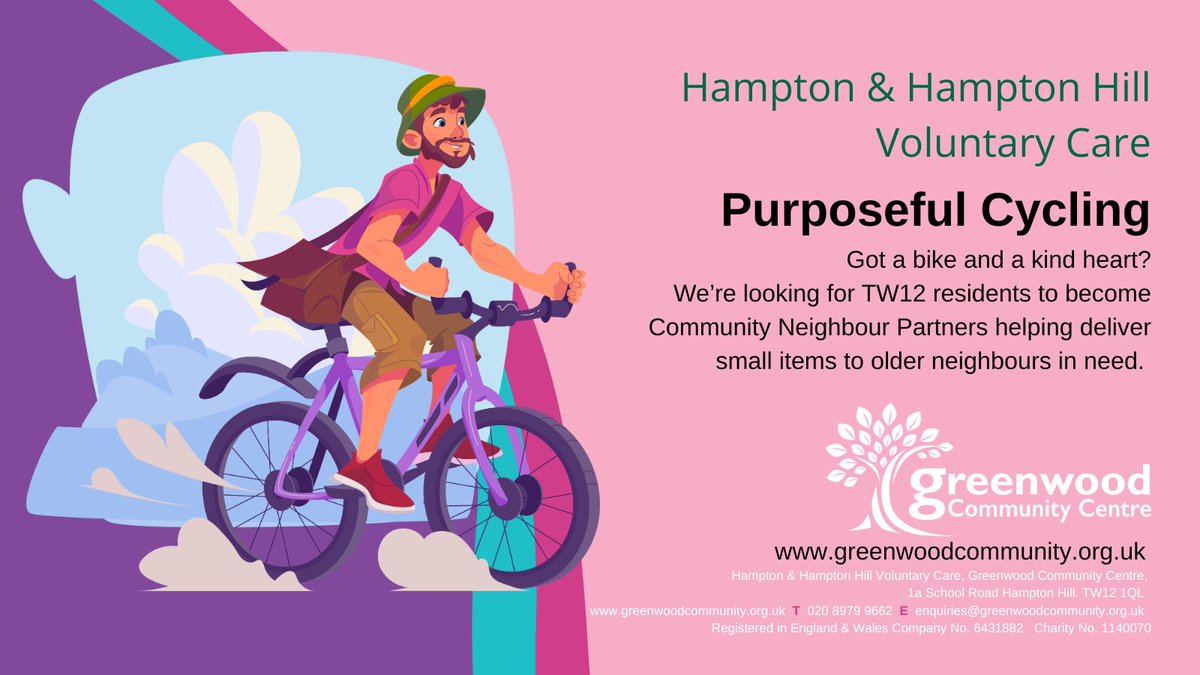 Greenwood Community Centre (@gcc_hamptonhill) on Twitter photo Purposeful Cycling - Got a bike and a kind heart?
Help deliver small items to older neighbours in need. It’s an unpaid role with a big impact. Stay active. Ride with purpose. Strengthen your community. Call 020 8979 9662 and join our team.
#TW12 #CycleForGood <a href="/RCVS_Richmond/">RichmondCVS</a> Purposeful Cycling - Got a bike and a kind heart?
Help deliver small items to older neighbours in need. It’s an unpaid role with a big impact. Stay active. Ride with purpose. Strengthen your community. Call 020 8979 9662 and join our team.
#TW12 #CycleForGood <a href="/RCVS_Richmond/">RichmondCVS</a>