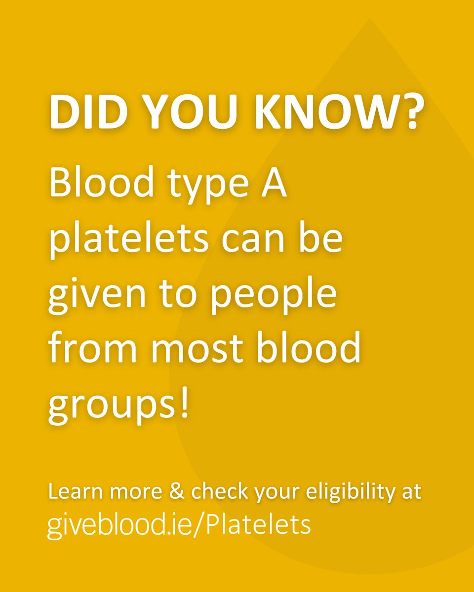 Giveblood_ie's tweet image. We need platelet donors from every blood type, but type A is especially useful. 💛
Blood type A platelets can be used for recipients across different blood groups to treat cancer patients, premature babies, surgery patients, and more!
#GivePlatelets