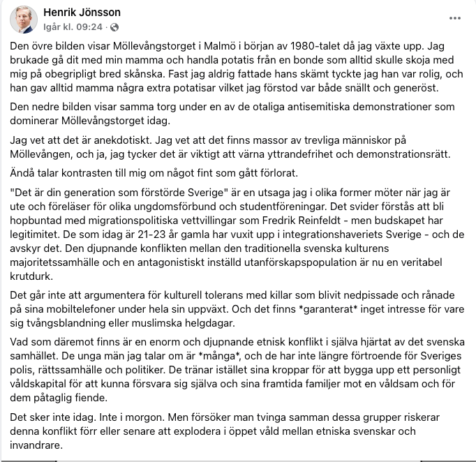 Christoffer Röstlund Jonsson (@crj138) on Twitter photo För två år sedan gjorde jag en stor intervju med <a href="/jonsson_henrik/">Henrik Jönsson</a>. En glad frihetsälskande liberal som vill skippa skatt och inte köper klimatkrisen. Ungefär så.
Hans radikalisering in i raskrig/folkutbytes-retorik är deppig. Här ett rakt försvar för nazistiska grupperingar. För två år sedan gjorde jag en stor intervju med <a href="/jonsson_henrik/">Henrik Jönsson</a>. En glad frihetsälskande liberal som vill skippa skatt och inte köper klimatkrisen. Ungefär så.
Hans radikalisering in i raskrig/folkutbytes-retorik är deppig. Här ett rakt försvar för nazistiska grupperingar.