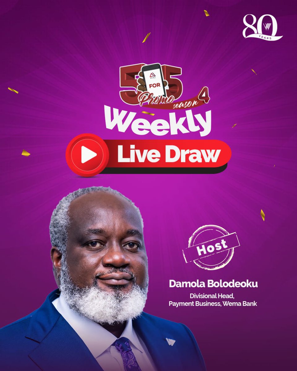 It’s time for the Weekly Live Draw again!

Join us live on our YouTube channel by 4 pm for the 5For5Promo Weekly Live Draw hosted by Damola Bolodeoku of Wema Bank.

Will this be your lucky week?

#WemaBank #5For5Promo #LiveDraw #CashGiveaway #PromoSeason4 #WinBig