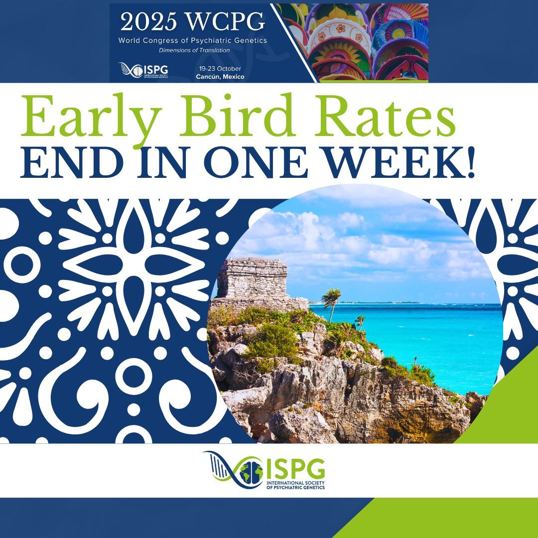 ISPGnet's tweet image. ONE WEEK LEFT - Hear from our distinguished plenary speakers, leading experts in genetics, neuroscience, & psychiatry!
Early Bird Registration Rates End July 17
Discounted Rates on Hotel End July 19, 2025
Register Now: ispg.societyconference.com/v2/#card/regis…
Hotel: ispg.societyconference.com/v2/#card/custo…