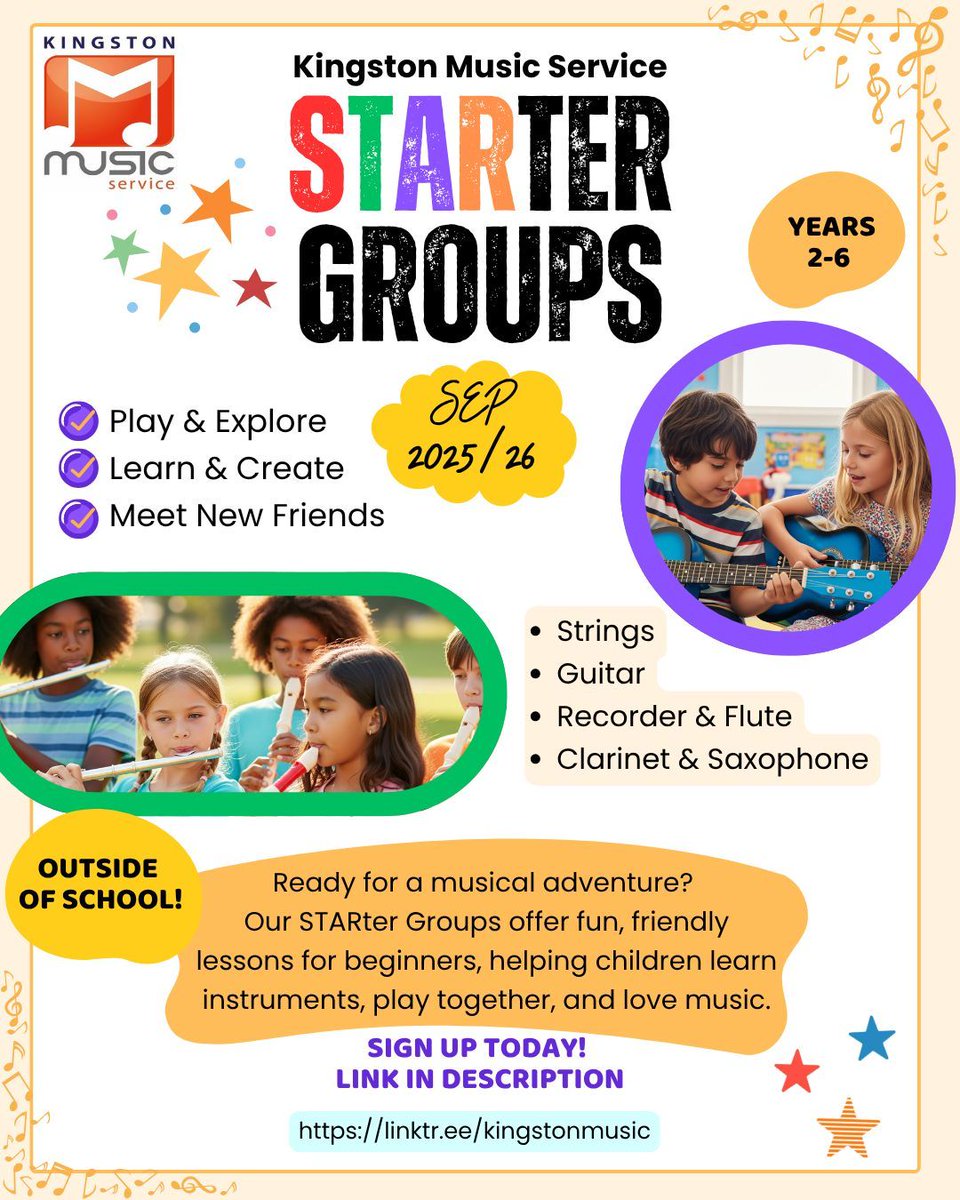 🎶 Unleash the joy of music with STARter Groups! 🎸 Sign your child up for September to embark on a musical journey with friends. 🌟 No instrument? Hire one from us! 🎷🎻 Join the fun and make music a part of their life! kingston.gov.uk/music-service-… #MusicWithFriends #LearnAndPlay 🎵