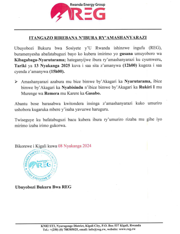 reg_rwanda's tweet photo. #Power_Outage_Alert
On 13th July, 2025 there is a planned power outage in #Remera Sector, @GasaboDistrict .
Please plan accordingly to avoid interruption.
#Ibura_Ryumuriro
Tariki ya 13/07/2025 hateganyijwe ibura ry'umuriro mu Murenge wa #Remera, @GasaboDistrict
Murakoze.