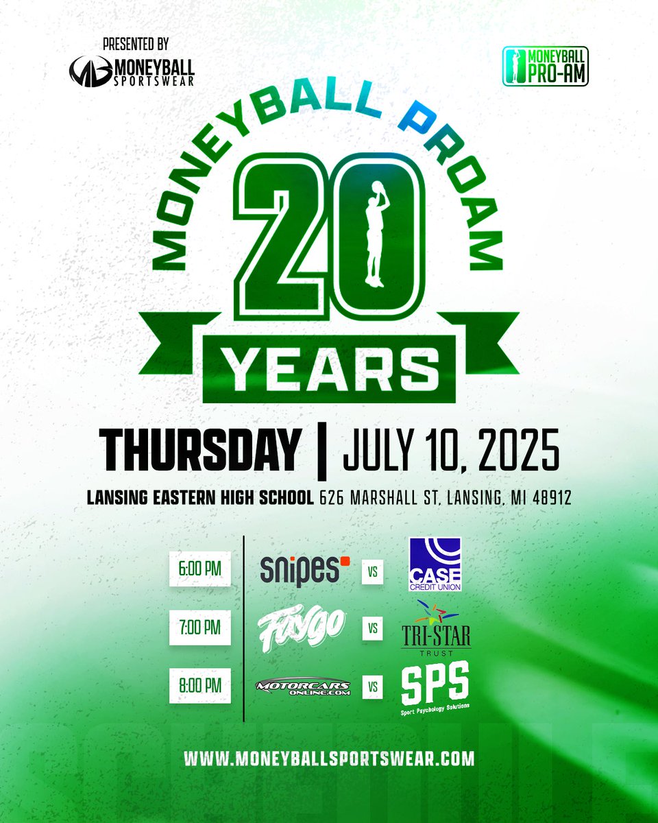 We’re back at Eastern High School tonight for Day 4 of the Moneyball Pro-Am! 

626 Marshall St, Lansing, MI 48912

Let your people know we’re at Eastern HS again tonight before we head back to Holt next week. Energy has been on 10 all summer, let's keep it going! #MoneyballProAm