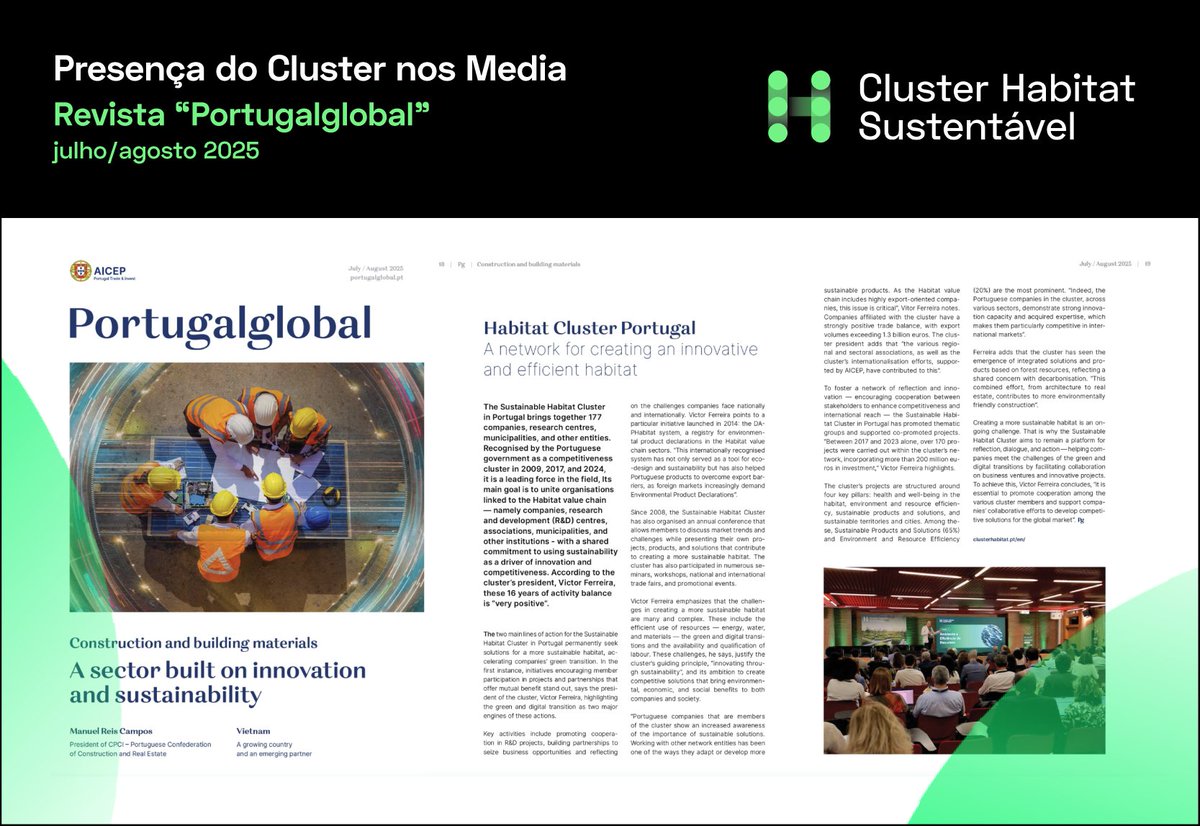 Cluster Habitat Sustentável (@clusterhabitat) on Twitter photo O Cluster Habitat Sustentável marca presença na edição de julho/agosto de 2025 da revista #Portugalglobal da <a href="/aicep/">AICEP - Portuguese Trade & Investment Agency</a>! 🇵🇹
🔍 Leia o artigo na página 18 aqui: revista.portugalglobal.pt/AICEP/portugal… O Cluster Habitat Sustentável marca presença na edição de julho/agosto de 2025 da revista #Portugalglobal da <a href="/aicep/">AICEP - Portuguese Trade & Investment Agency</a>! 🇵🇹
🔍 Leia o artigo na página 18 aqui: revista.portugalglobal.pt/AICEP/portugal…