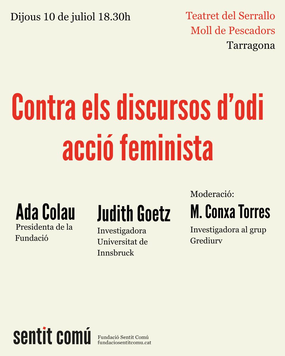 Fundació Sentit Comú (@sentitcomufunda) on Twitter photo 📢Ens veiem aquesta tarda a les 18h.30h a <a href="/el_Teatret/">Teatret del Serrallo - Port de Tarragona</a> per parlar sobre #feminismes amb Ada Colau, Judith Goetz i M. Conxa Torres.
#Tarragona 📢Ens veiem aquesta tarda a les 18h.30h a <a href="/el_Teatret/">Teatret del Serrallo - Port de Tarragona</a> per parlar sobre #feminismes amb Ada Colau, Judith Goetz i M. Conxa Torres.
#Tarragona